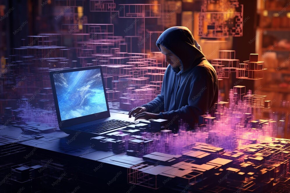 An abstract representation of a developer building a wall out of glowing code blocks, shielding themselves from a storm of malicious NPM icons.